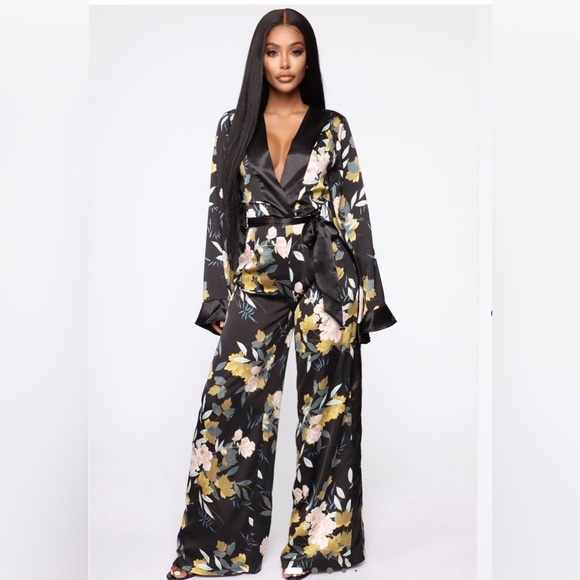 Fashion Nova Pants - Fashion Nova Black Floral Satin Jumpsuit